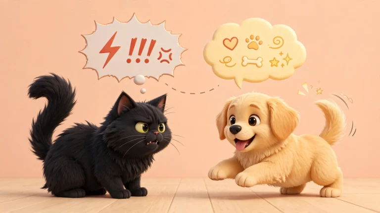 Gato negro y cachorro de pelo dorado frente a frente en el suelo