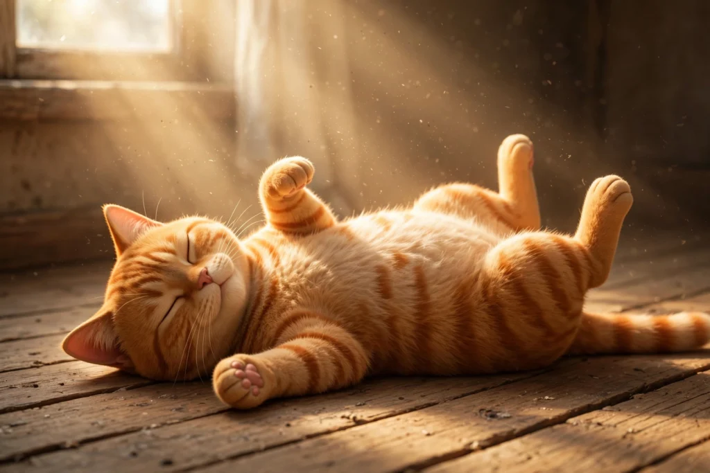 Gato durmiendo estirado dentro de un rayo de sol