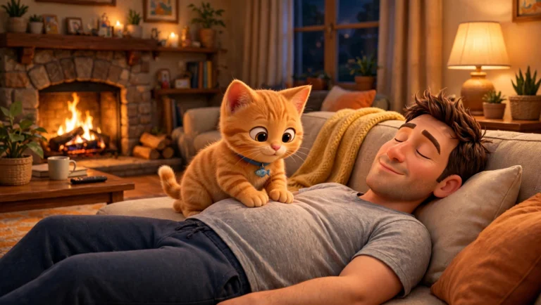 Gato naranja amasando sobre una persona dormida junto a la chimenea