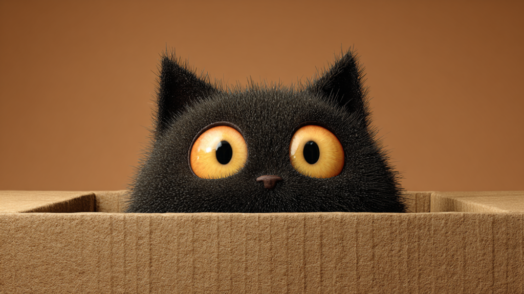 Gato negro asomando desde el interior de una caja de cartón