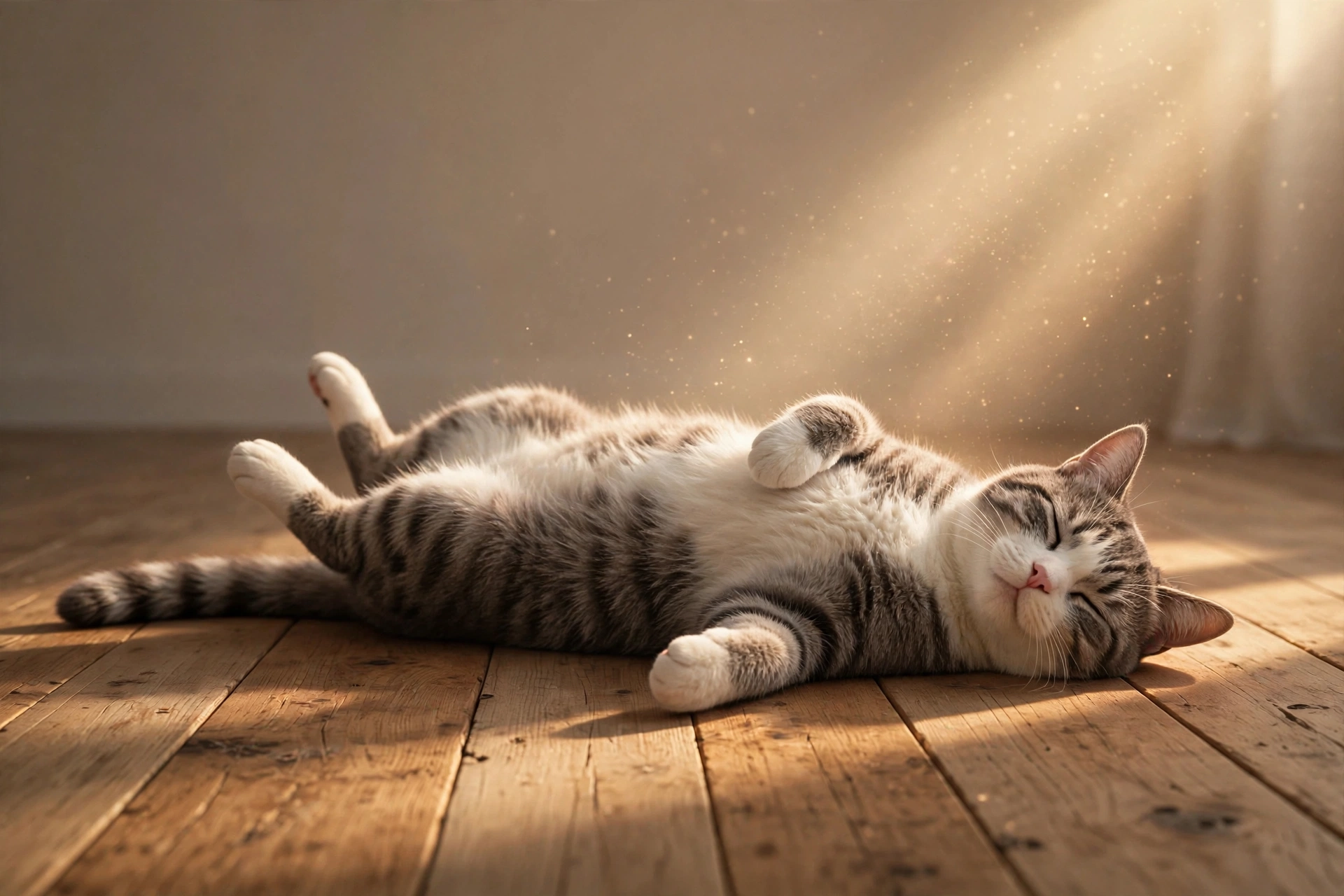 Gato atigrado gris tumbado panza arriba en un rayo de sol sobre el parqué