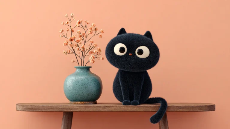 Gato negro sentado en un mueble junto a un jarrón turquesa, a punto de tirarlo