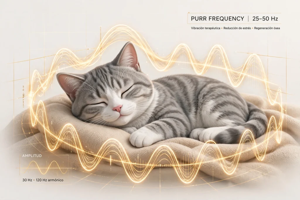Gato ronroneando con las ondas de su ronroneo dibujadas alrededor