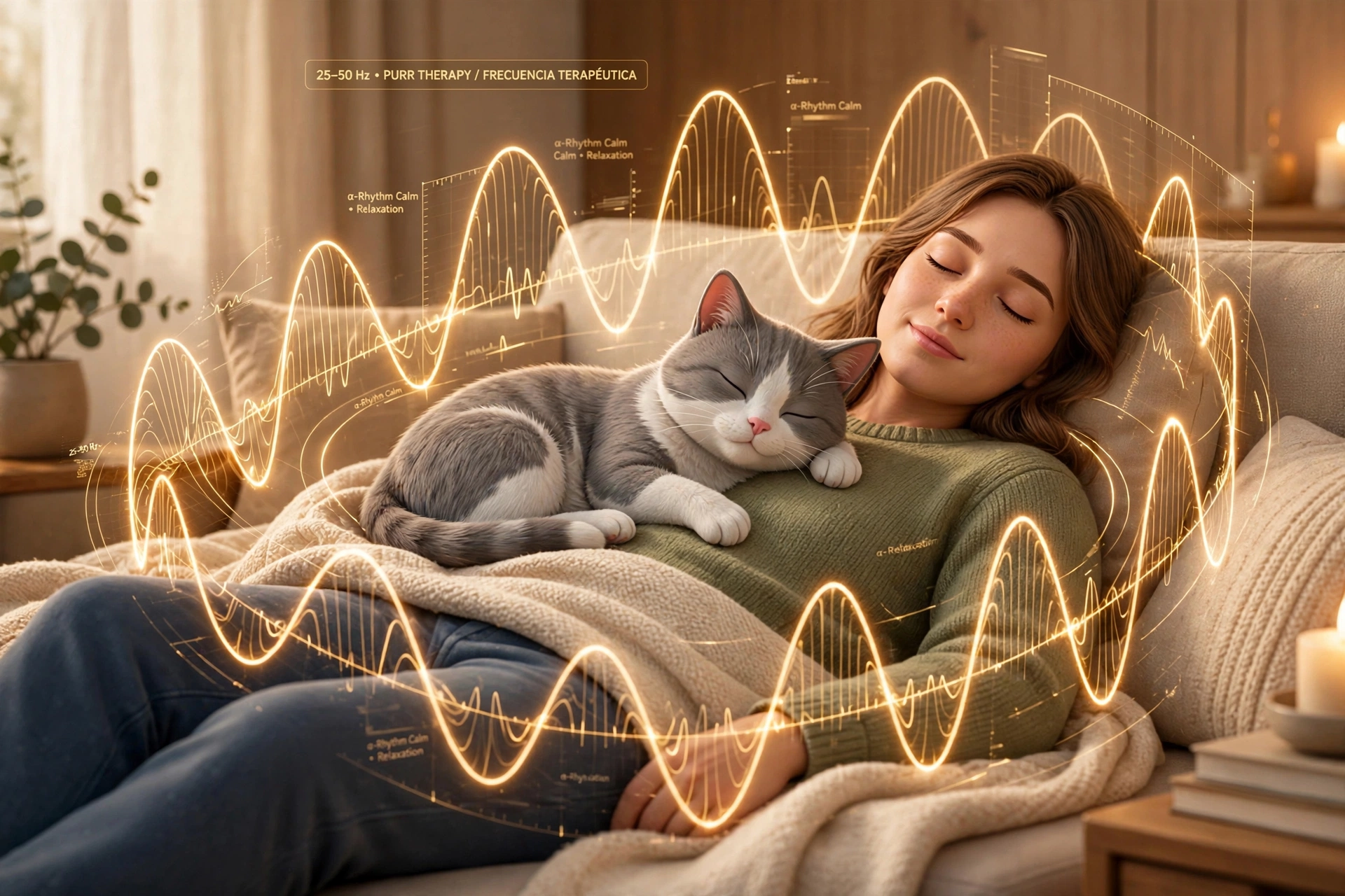 Persona dormida en el sofá con su gato, rodeados de ondas de sonido doradas